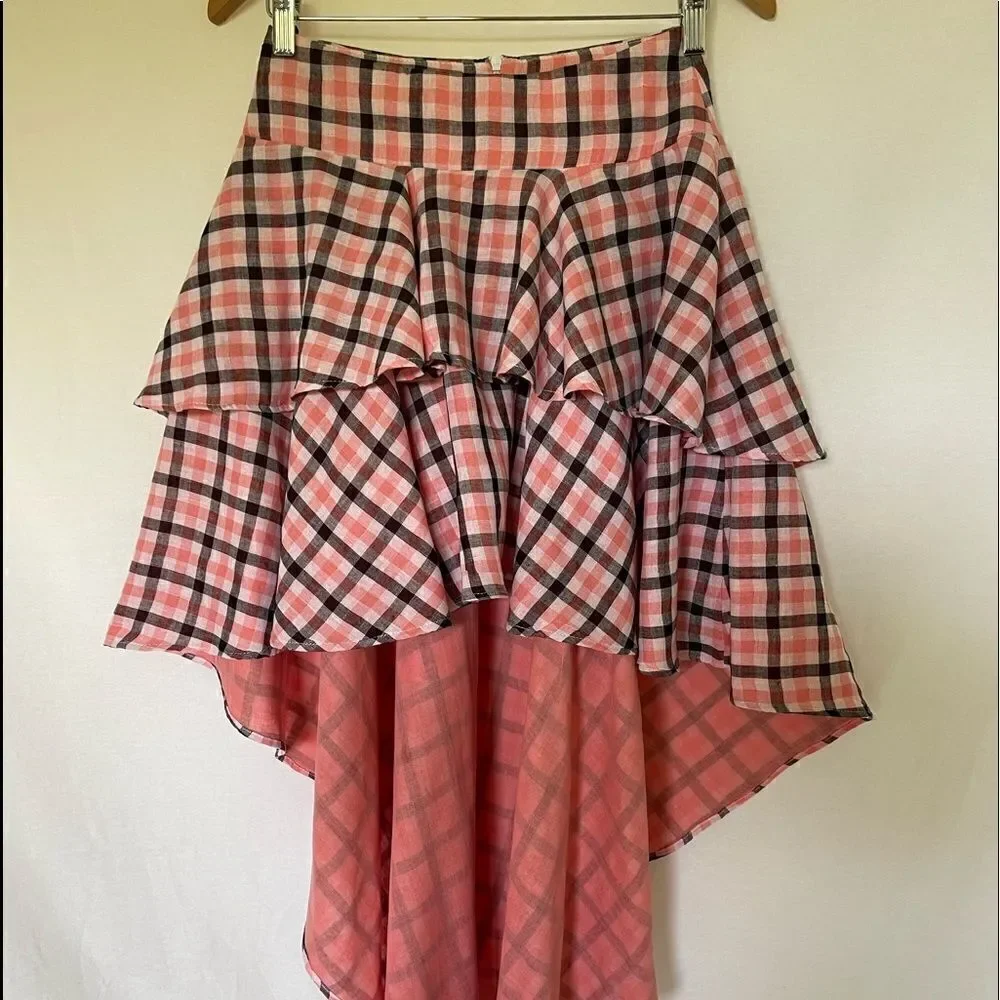 Coral Plaid High Low Skirt